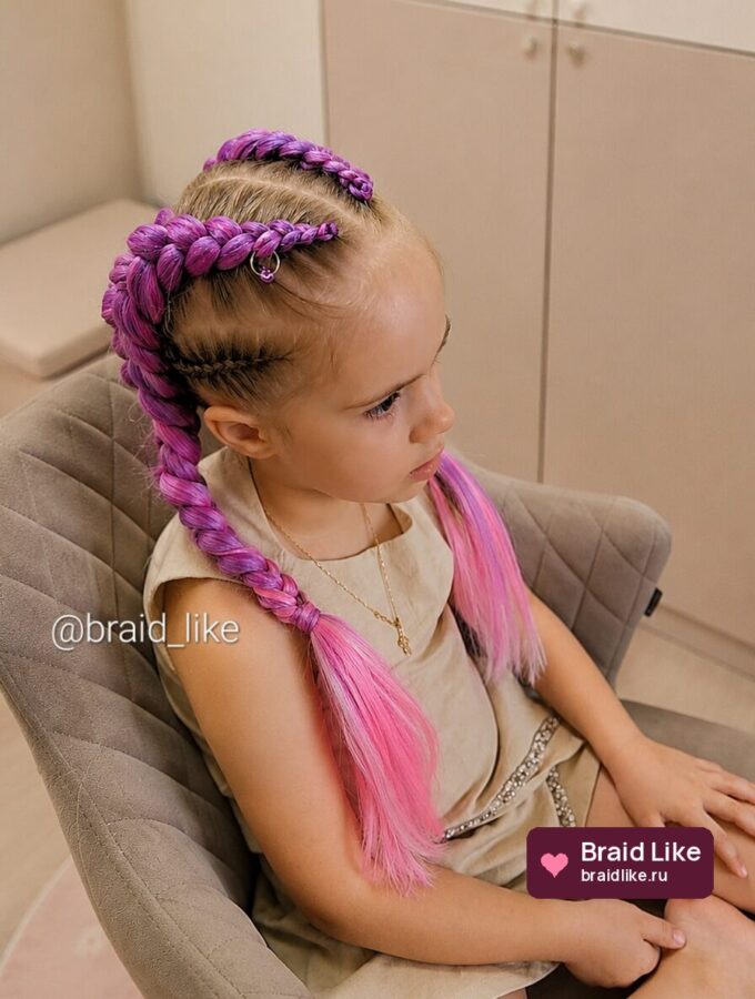 Лиловые детские косы с розовыми кончиками, вид спереди — Braid Like
