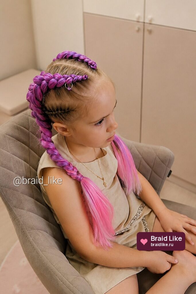 Лиловые детские косы с розовыми кончиками, вид спереди — Braid Like