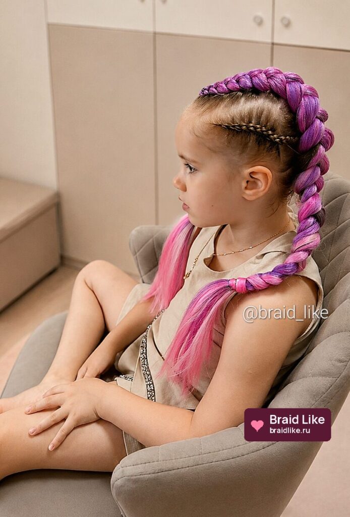 Лиловые детские косы с розовыми кончиками, вид сбоку — Braid Like